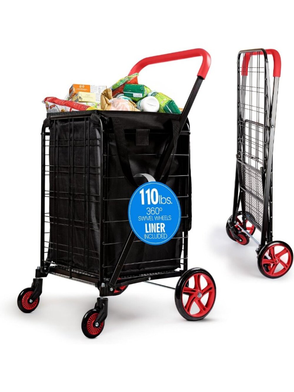 Large Folding Utility Shopping Cart - Heavy Duty, 360° Wheels, 110 lb Capacity